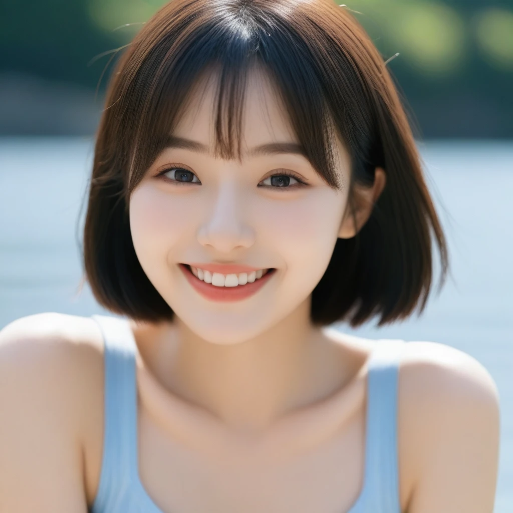 8K, Ultra-high resolution, Highest quality, masterpiece, 三分割法によるphotograph,Surreal, photograph, 1 girl, (:1.3), pretty girl, Cute face, Beautiful eyes in every detail, 細かくdetailedに,masterpiece,, One Girl:1.2, Japan Female Announcer,whole body、Black Hair、well-groomed eyebrows、Cute Lip Makeup、Urban area,Water Play,summer,Sparkling sunlight,Tank top,Cute gestures、so beautiful,A carefree smile,Healing the heart,blunt bangs,Looking at the audience、beauty,Long neck、Laugh a little、Please close your mouth and laugh、(((Ideal body type))),A-cup small breasts :2,、Portraiture:2、Perfect Anatomy、鮮明なdetailed、detailed、Surreal、Light and shadow,Strong light