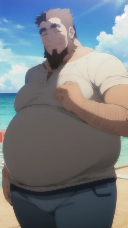 umiyan, guden gousuke, old man, smile, jolly, sitting in the pool, summer, bare stomach, wet body, sweaty, blue shorts, portrait, parted lips, best quality, brown hair, fat man, masterpiece, extremely detailed, sideburns, green eyes, facial hair, body hair, beard, thick eyebrows, fat belly, round belly, plump belly, big belly, obese belly, belly button, thick arms, broad shoulders, large body, plump body 