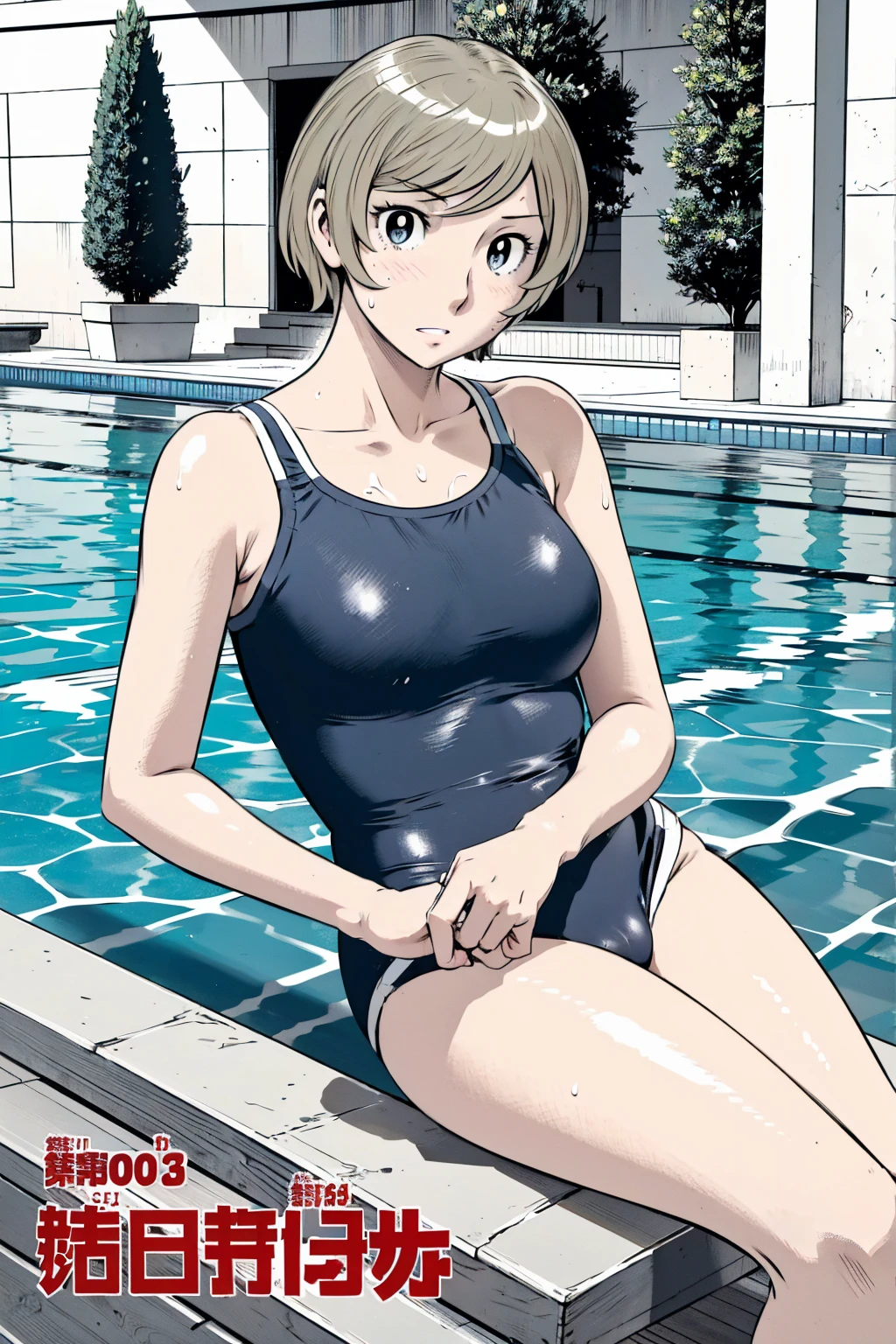 Blue school swimsuit、(masterpiece、Highest quality)、Highest quality, Ultra-high resolution, (((masterpiece))), alone, Sweat、Big eyes, Composition from the front、Shortcuts、Embarrassed face、Blonde、Cut your hair short、School swimming pool、short hair、Pussy Line、Browsing Caution、Butt