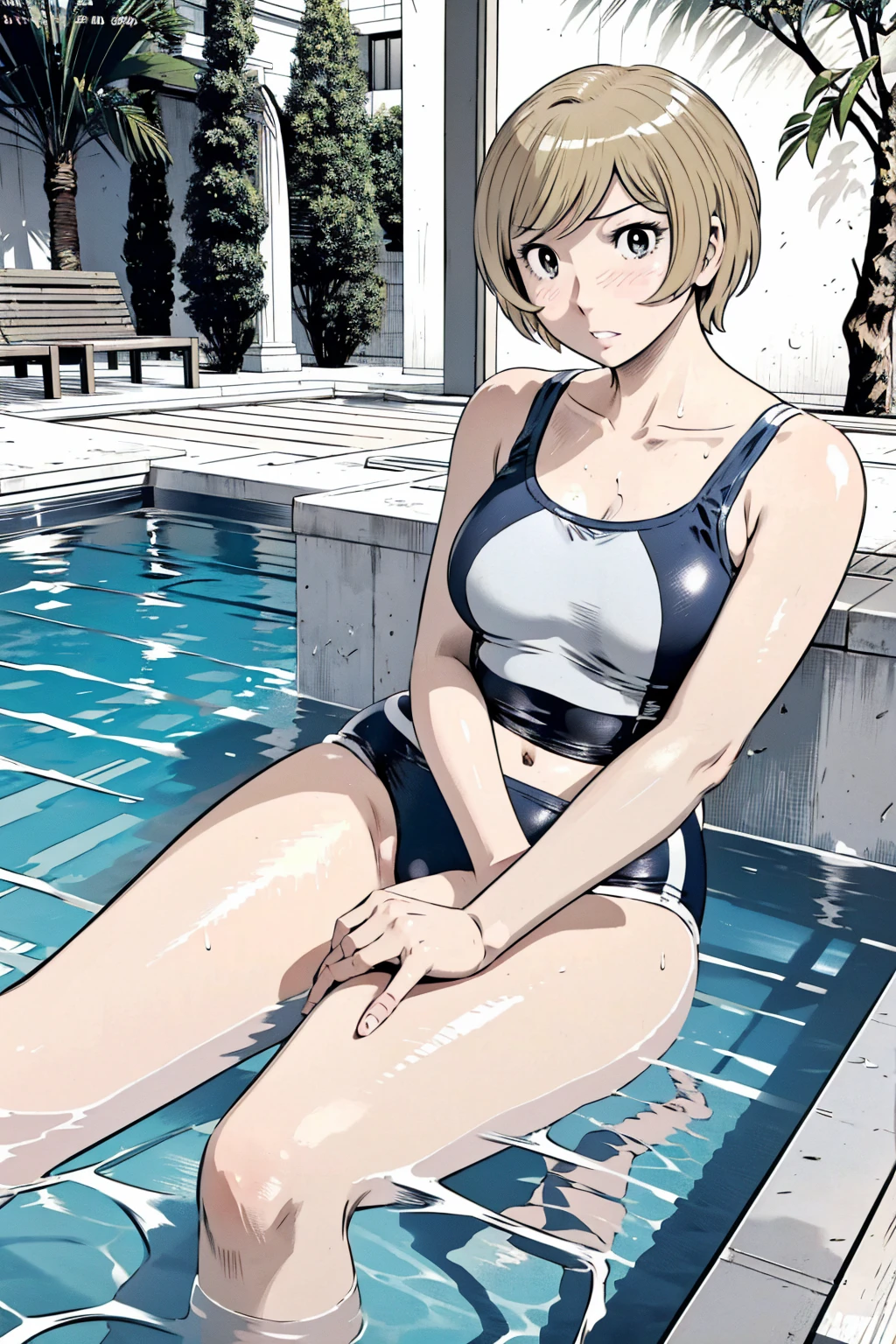 Blue school swimsuit、(masterpiece、Highest quality)、Highest quality, Ultra-high resolution, (((masterpiece))), alone, Sweat、Big eyes, Composition from the front、Shortcuts、Embarrassed face、Blonde、Cut your hair short、School swimming pool、short hair、Pussy Line、Browsing Caution、Butt