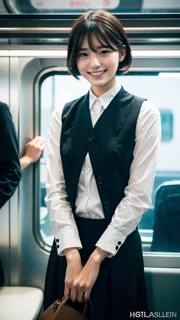 (One Girl:1.3), short hair, Japanese university students、Great face and eyes, Looking into the camera, A joyful smile、Showing teeth、 (Highest quality:1.4), Very detailed CG 統合 8k 壁紙, Very detailed, High-resolution RAW color photos, Professional photography, Realistic full body shot, Studio shot、Portrait of sexy girl, Open appearance, (Look down, Display in viewer:1.0), (From below:1.0),Black suit、Black Skirt、White shirt、job hunting、on the train