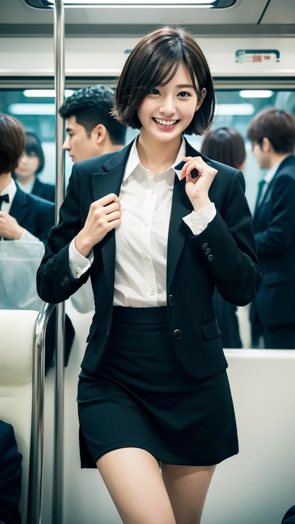 (One Girl:1.3), short hair, Japanese university students、Great face and eyes, Looking into the camera, A joyful smile、Showing teeth、 (Highest quality:1.4), Very detailed CG 統合 8k 壁紙, Very detailed, High-resolution RAW color photos, Professional photography, Realistic full body shot, Studio shot、Portrait of sexy girl, Open appearance, (Look down, Display in viewer:1.0), (From below:1.0),Black suit、Black Skirt、White shirt、job hunting、on the train