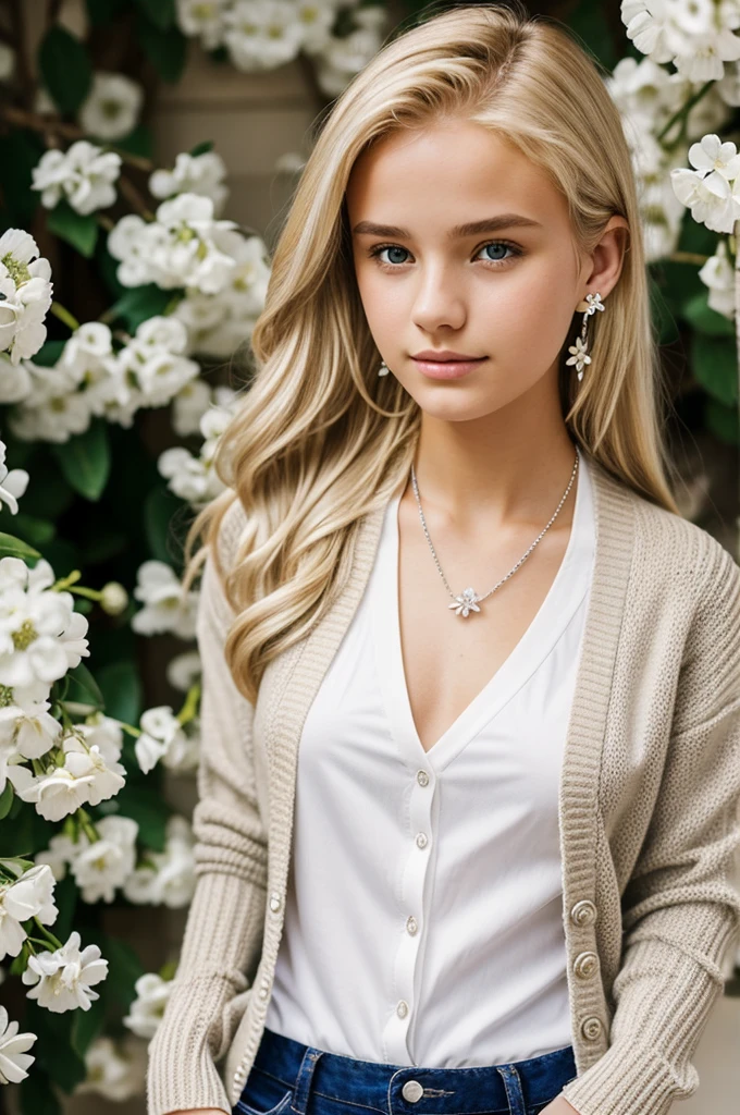 girl with blonde hair and collarded shirt with a cardigan with white flowers, silver necklace, flower earrings