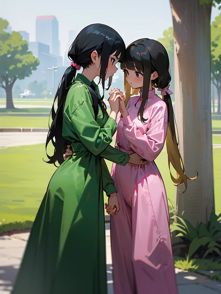 Two adult girls holding hands, One wears two blonde pigtails falling over her shoulders and a pink jumpsuit-type dress while the other wears a long-sleeved green dress., He has black eyes and black hair, long, loose hair without any ties, Her hair reaches her waist and she has straight bangs., loose hair with bangs, in a park, staring 