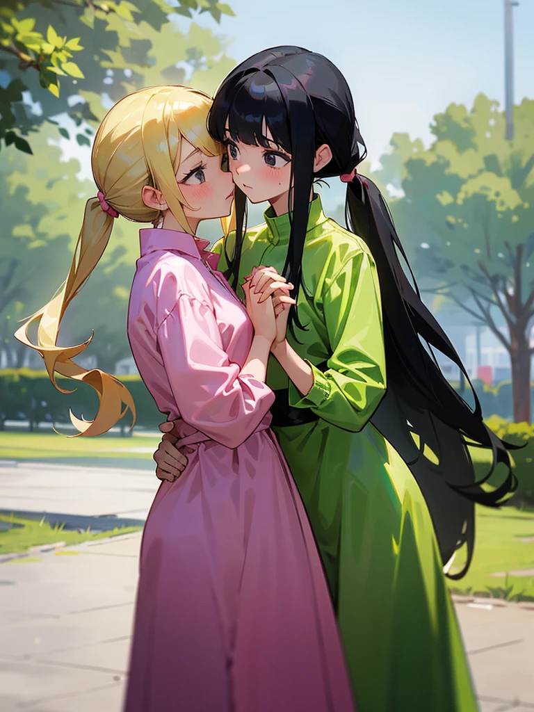 Two adult girls holding hands, One wears two blonde pigtails falling over her shoulders and a pink jumpsuit-type dress while the other wears a long-sleeved green dress., He has black eyes and black hair, long, loose hair without any ties, Her hair reaches her waist and she has straight bangs., loose hair with bangs, in a park, staring