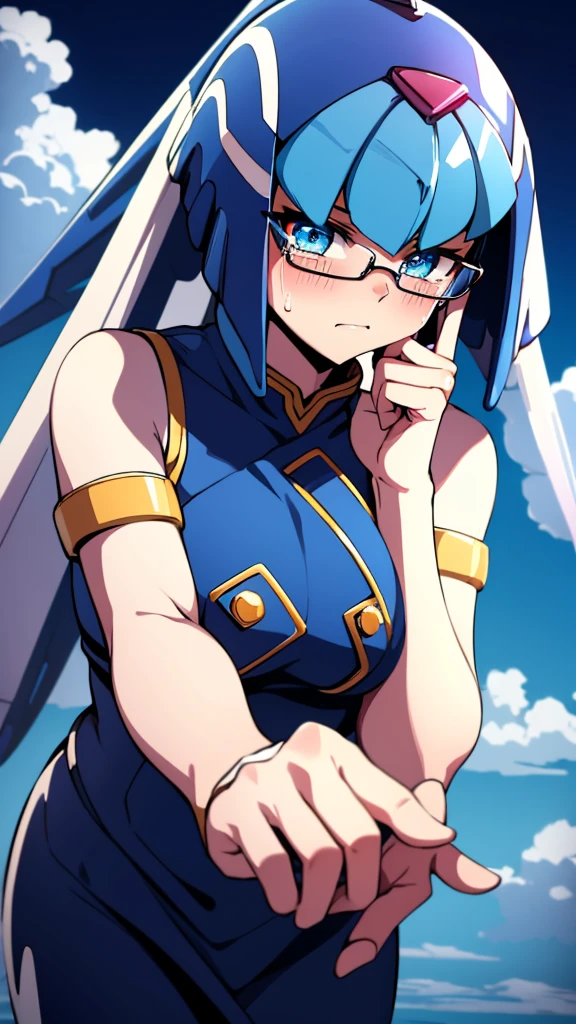 Leviathan_Megamanz, 1 Girl, looking at viewer, blue hair, Blue eyes,Clouds background , Blushed ,  , Wedding ring, Glasses, chibi , cool glasses, crying, funeral clothes , Black Dress, Hands on face crying 