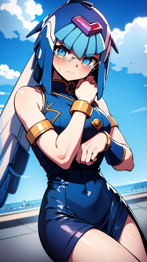 Leviathan_Megamanz, 1 Girl, looking at viewer, blue hair, Blue eyes,Clouds background , Blushed ,  , Wedding ring, Glasses, chibi , cool glasses, crying, funeral clothes , Black Dress, Hands on face crying 