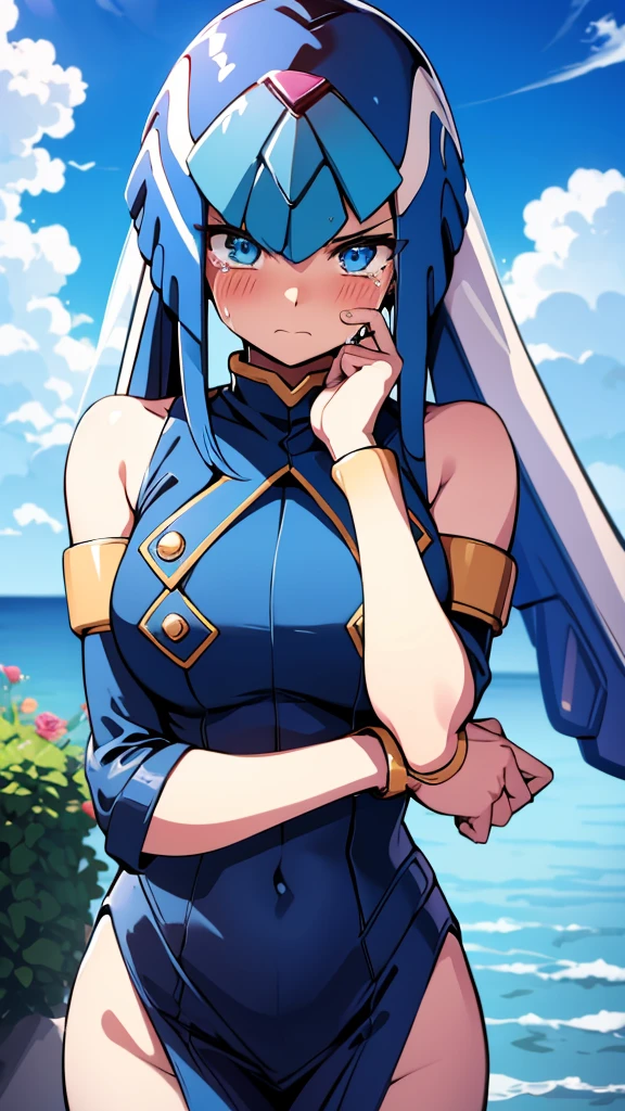 Leviathan_Megamanz, 1 Girl, looking at viewer, blue hair, Blue eyes,Clouds background , Blushed , , Wedding ring, Glasses, chibi , cool glasses, crying, funeral clothes , Black Dress, Hands on face crying