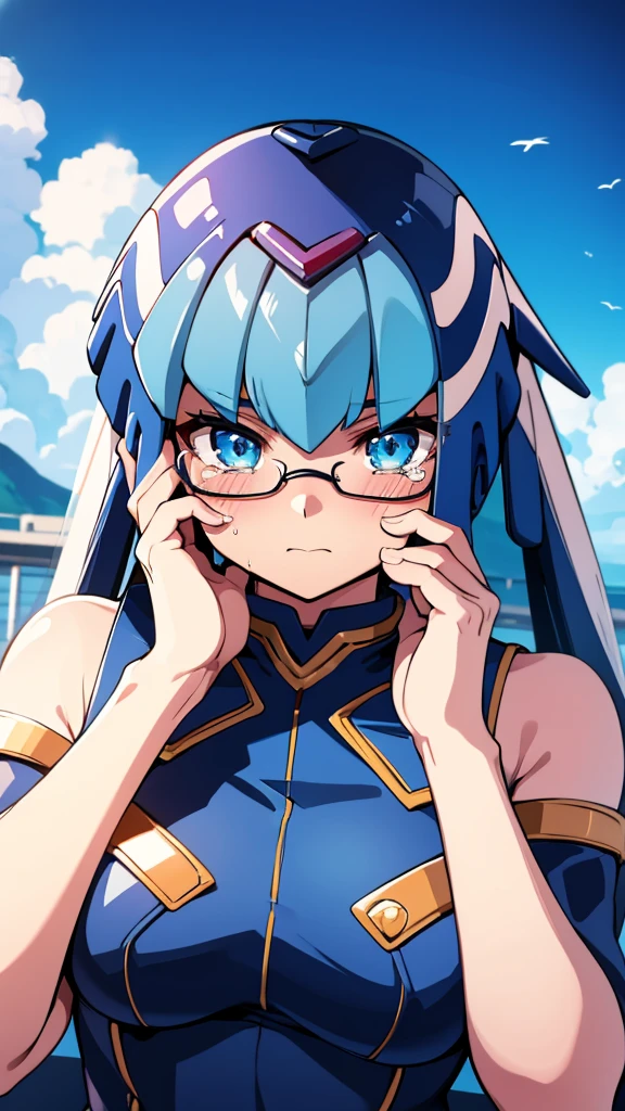 Leviathan_Megamanz, 1 Girl, looking at viewer, blue hair, Blue eyes,Clouds background , Blushed ,  , Wedding ring, Glasses, chibi , cool glasses, crying, funeral clothes , Black Dress, Hands on face crying 