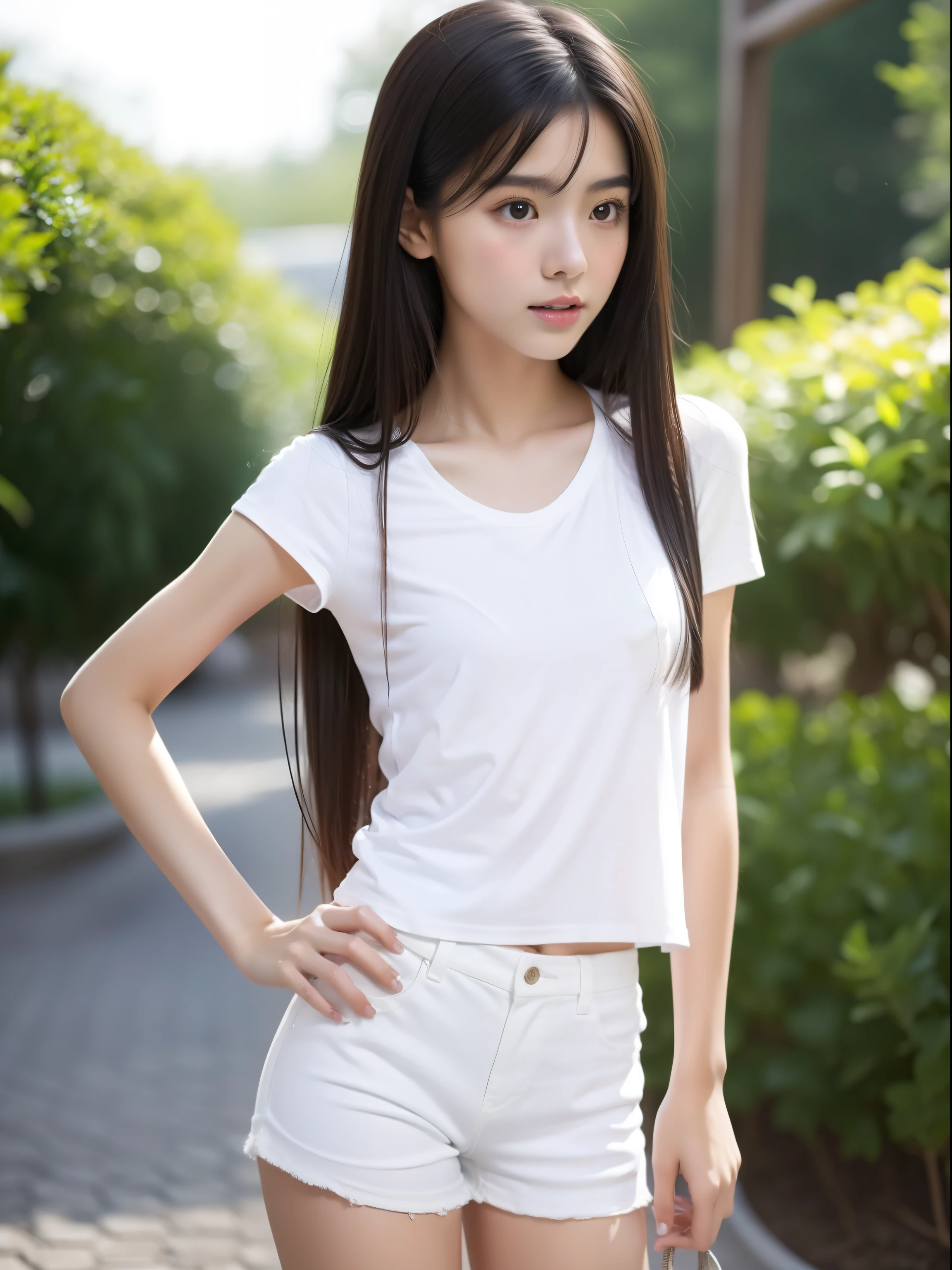 look back，young，White shorts，Long sleeve T-shirt，Teenage Girls，Delicate body， body，Delicate body，Small Tits，Small breasts，Black-haired，Very long hair，Nice