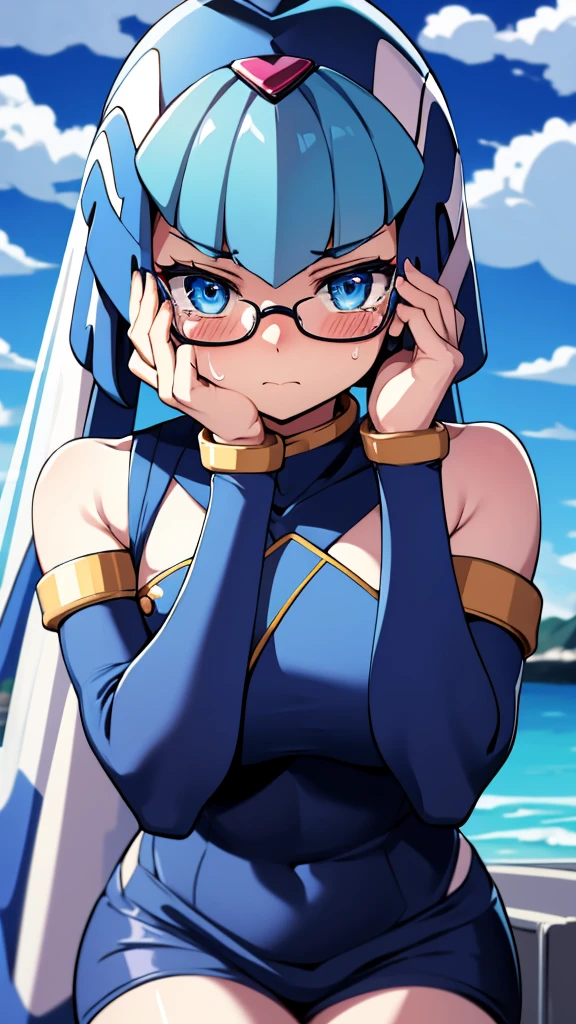 Leviathan_Megamanz, 1 Girl, looking at viewer, blue hair, Blue eyes,Clouds background , Blushed ,  , Wedding ring, Glasses, chibi , cool glasses, crying, funeral clothes , Black Dress, Hands on face crying 