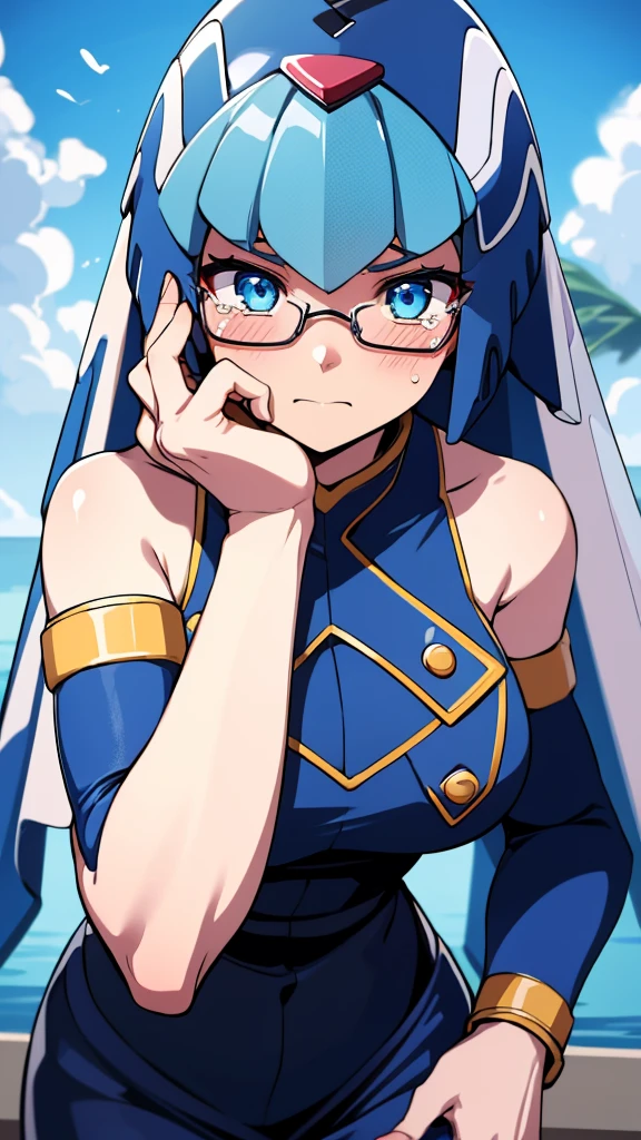 Leviathan_Megamanz, 1 Girl, looking at viewer, blue hair, Blue eyes,Clouds background , Blushed ,  , Wedding ring, Glasses, chibi , cool glasses, crying, funeral clothes , Black Dress, Hands on face crying 