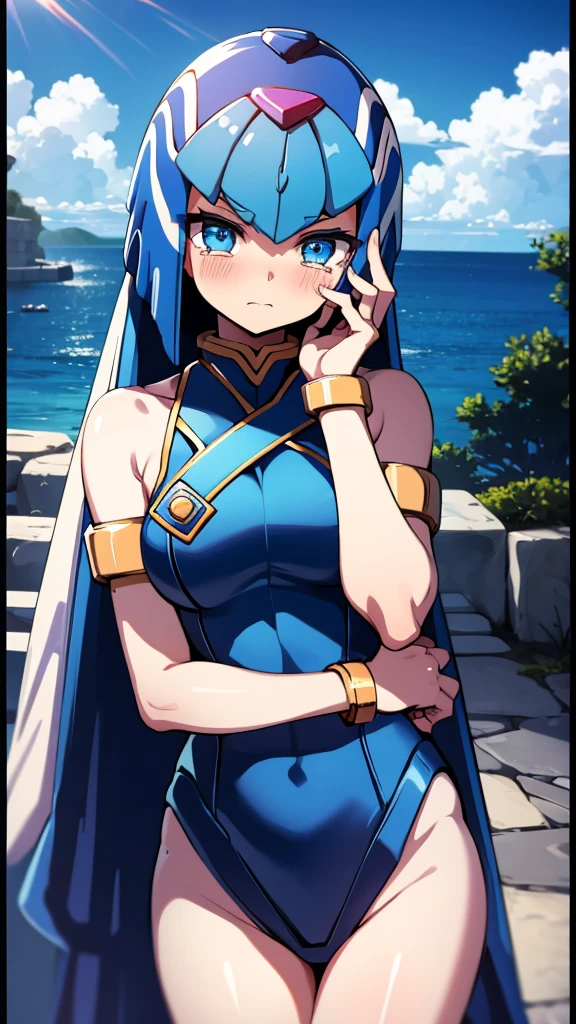 Leviathan_Megamanz, 1 Girl, looking at viewer, blue hair, Blue eyes,Clouds background , Blushed ,  , Wedding ring, Glasses, chibi , cool glasses, crying, funeral clothes , Black Dress, Hands on face crying 