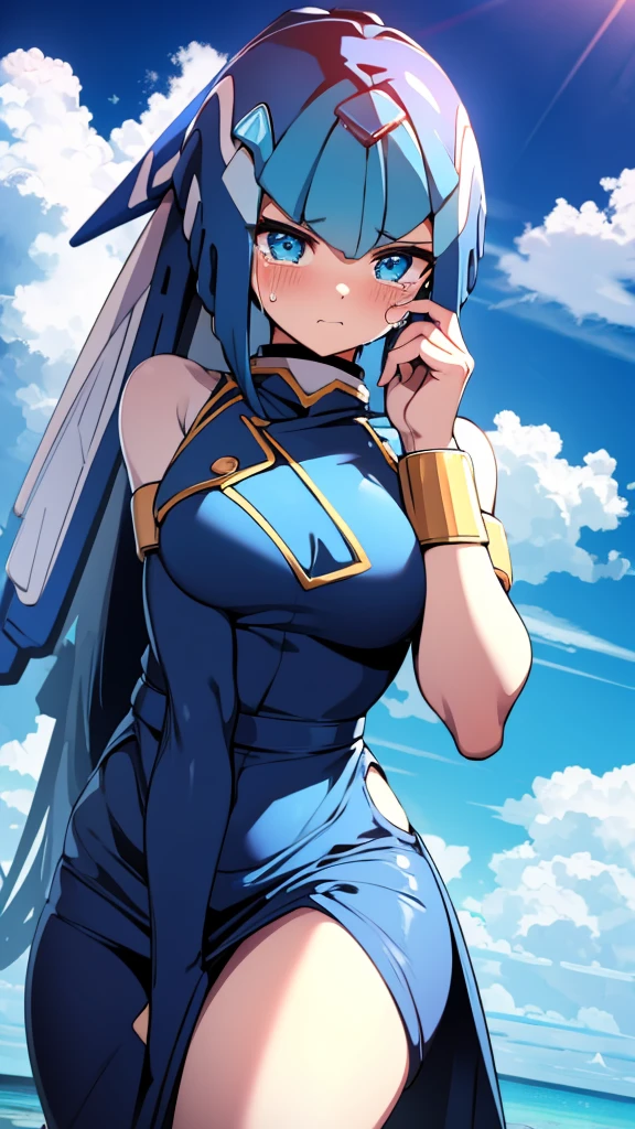 Leviathan_Megamanz, 1 Girl, looking at viewer, blue hair, Blue eyes,Clouds background , Blushed ,  , Wedding ring, Glasses, chibi , cool glasses, crying, funeral clothes , Black Dress, Hands on face crying 