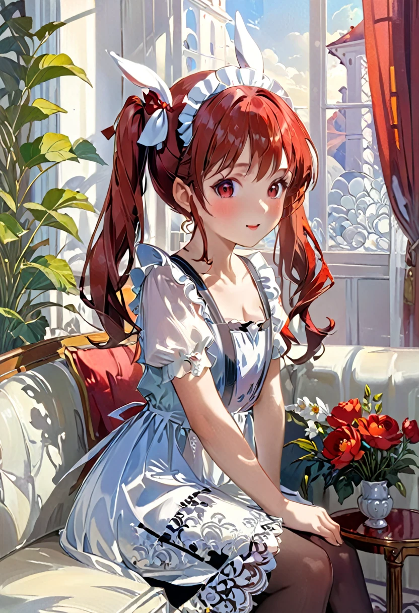Art Nouveau oil portrait by Eugène Grasset A girl with red twintails is holding a cute rabbit,The girl is wearing a cute maid outfit, her hair is beautiful with red twin tails, and she is wearing a luxurious barrette.The girl is red eyes, Rabbits are cute with long white ears and fluffy fur.Sitting on a luxurious sofa in a luxurious mansion,The girl looks at the rabbit and laughs.Beautiful light coming in from the window of the room illuminates the girl,White lace curtains swaying beautifully in the wind,professional painting,(High resolution, high precision image, 4k, 8k, masterpiece: 1.2)Ultra-definition, ultra-fine painting, beauty of oil painting, movie-like lighting,oil painting