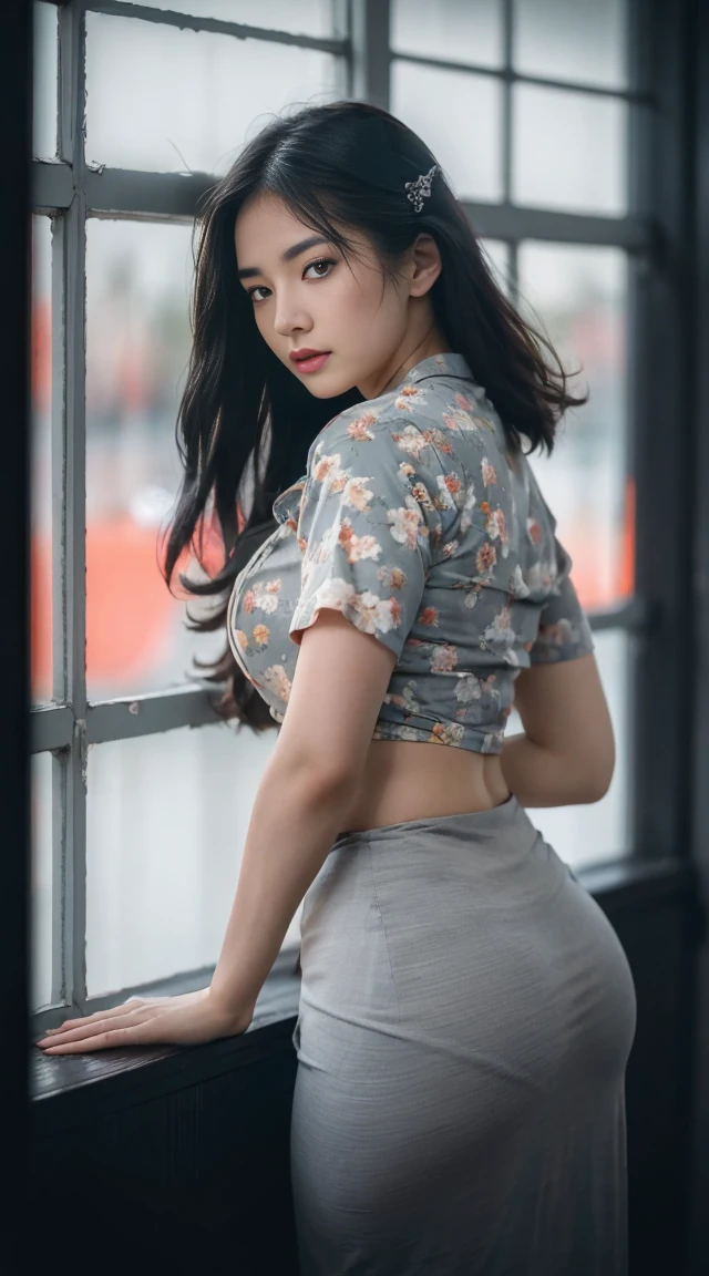 (dark shot:1.4), 80mm, (dark shot:1.4), masterpiece, best quality, game_cg, in summer, girl, solo, medium hair, white hair, looking at viewer, brown eyes, gigantic breasts nearly exposed, perfect booty, 80mm, epic realistic, painting of a geisha with european features entering a japanese pine forest, by range murata, a big red sun in the background, stunning, matted, paul gauguin, van gogh, art by greg rutkowski and artgerm, soft cinematic light, adobe lightroom, photolab, hdr, intricate, highly detailed, (depth of field:1.4), (dark shot:1.22), neutral colors, (hdr:1.4), (muted colors:1.4), (intricate), (artstation:1.2), hyperdetailed, dramatic, intricate details, (technicolor:0.9), (rutkowski:0.8), cinematic, detailed, soft light, sharp, exposure blend, medium shot, bokeh, (hdr:1.4), high contrast, (cinematic, teal and orange:0.85), (muted colors, dim colors, soothing tones:1.3), low saturation, (hyperdetailed:1.2), (noir:0.4), soft light, sharp, exposure blend, medium shot, bokeh, (hdr:1.4), high contrast, (cinematic, teal and orange:0.85), (muted colors, dim colors, soothing tones:1.3), low saturation, (hyperdetailed:1.2), (noir:0.4), (intricate details:1.12), hdr, (intricate details, hyperdetailed:1.15) emphasize right round ass
