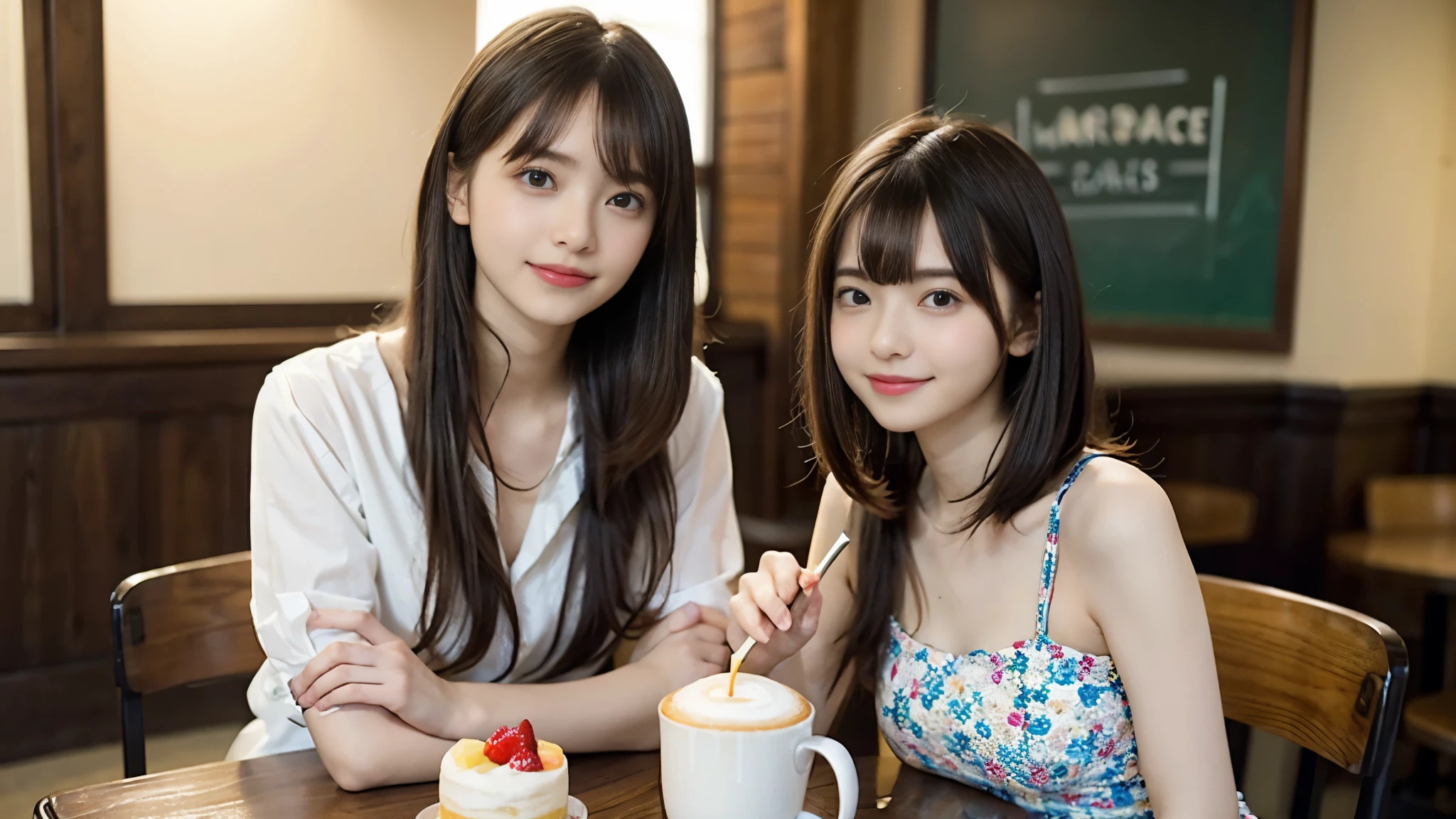 2girl, smile,(bobcut:1.2),bangs,beautiful girl,,(loli:1.2),(small brests:1.2),(skinny:1.2),highschool studeaka46, (masutepiece, Best Quality:1.2), 8K, Official art, Raw photo, Pretty Face, Urban Cafe、cafes、Sitting in a chair,Cake and coffee on the table、Fringe hair, hime haircut, Brown hair,