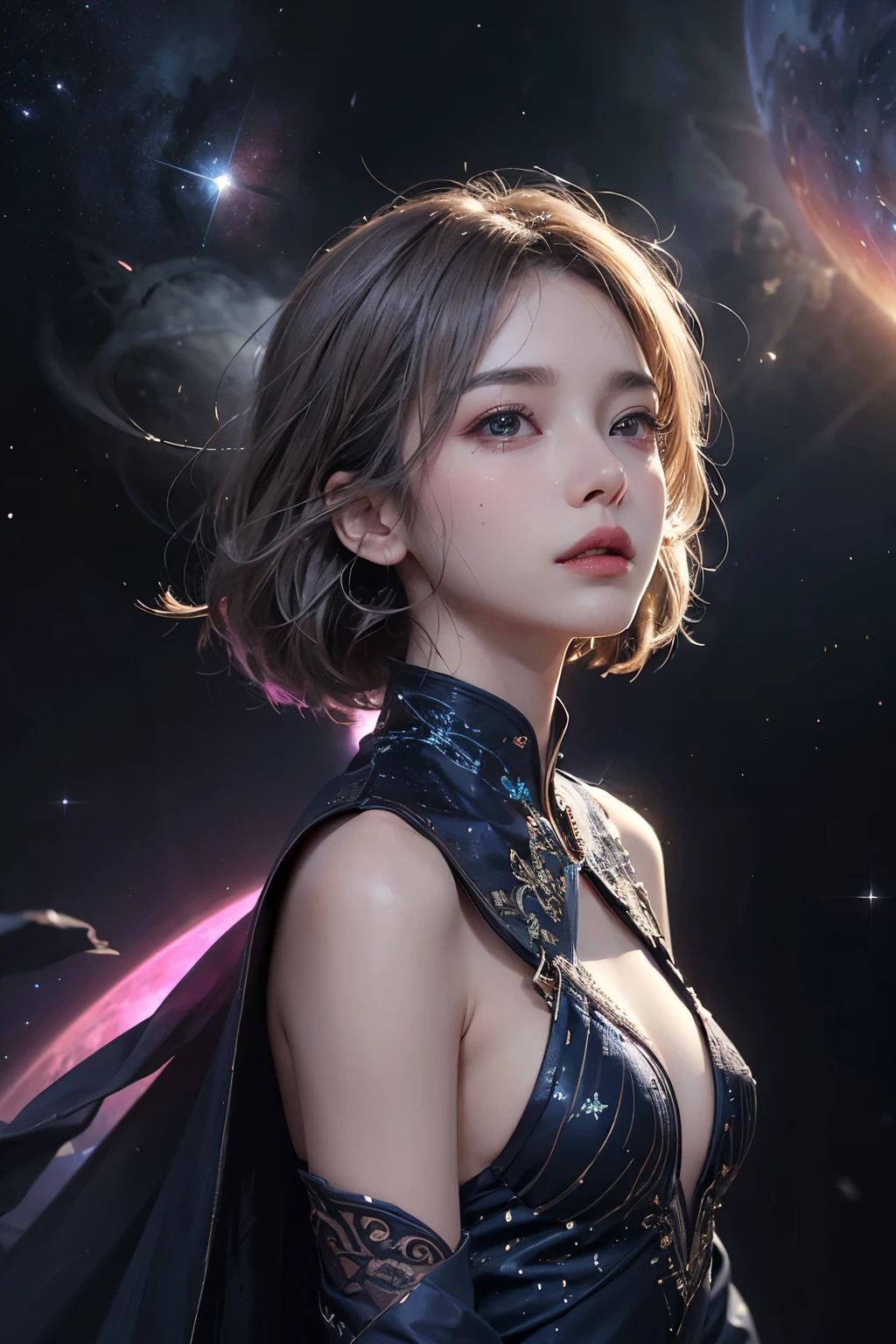 masterpiece, 1 beautiful girl, finely tuned,highest quality, 超A high resolution, （reality: 1. 4), cinematic lighting, Korean, Korean super beautiful girl,Knowing women,very very beautiful, beautiful skin, slender, body facing forward, (reality photo), (High resolution), (32k), (very detailed), ( best illustrations), (beautiful detailed eyes), (super detailed), (wallpaper), detailed face, bright lighting, professional lighting、 Behold、look straight ahead、neat clothes、short hair,Pure erotic face ace_v1、46 point diagonal bangs、Bright galaxies、Chiaroscuro Nebula、ruined galactic war、Star systems to be swallowed、Texture confusion、Cosmic chaos、Bending the fabric of the nebula itself、Dangerous terrain、technology and magic、 bright stardust vine、dark swirling nebula、cosmic energy、Exploding glowing nebula、a dazzling burst of light、Illuminated Nebula、mature woman、ethereal beauty、Finely painted ethereal silver hair、Elaborately drawn ethereal silver eyes、Exhausted look,sweaty face,(Beautiful symmetrical eyes), (Beautiful eyes drawn in detail), (Beautiful vibrant eyes with big highlights), (bright eyes), (Intricately drawn facial features), (intricately drawn facial expressions), (ethereal beauty), (blemish-free glowing skin), (intricately embroidered costumes), (perfect hands), (correct anatomy),Small breasts,Flat Bust,Small hips,Small waist,starry sky nebula colorful,shine(Glow Phi),とても小さいヒップ,平らなお尻,