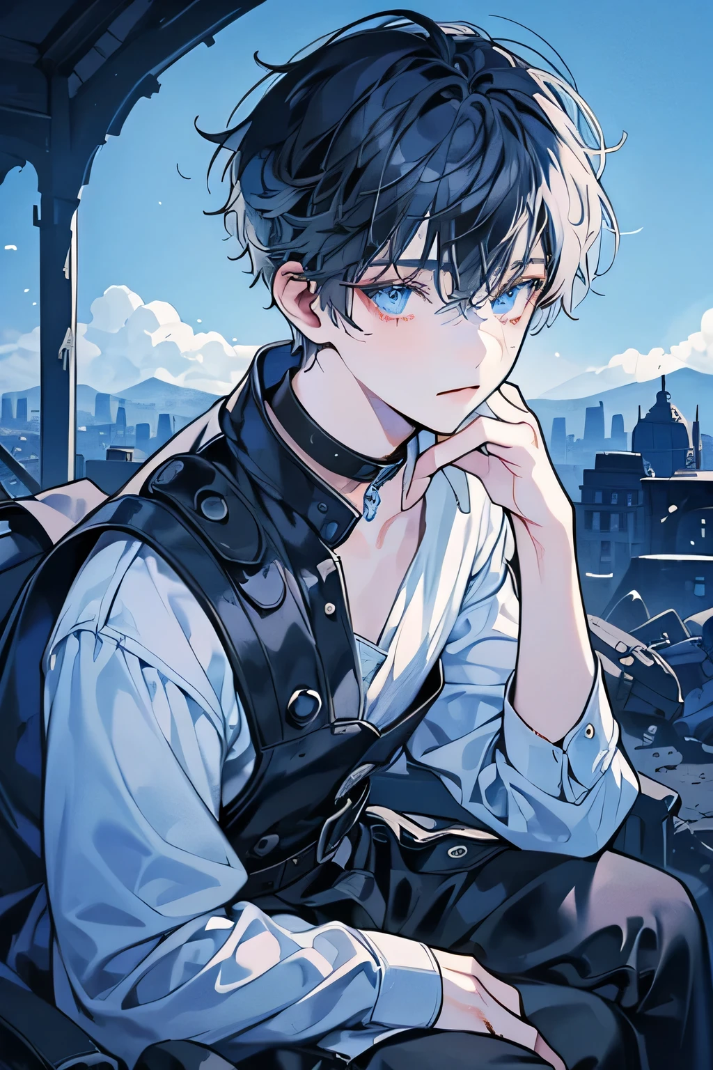 ((A ruined city full of rubble)),(After the war),((Vast landscape covered with rubble)),(A boy wearing a white shirt),((black hair)),(Lifeless eyes),((sit down,Place your knees on the ground on both sides)),((Look up at me)),(Mouth sLightly open),((blue eyes)),((monochrome world)),((Black,grey,Light)),)(View from directly above)),(Sharp eye Light),(((Adult male))),Face clarity,The white of the eye is distinct,Five fingers,juvenile,Chu Chu pitiful,short hair,blue hair accessories,blue tint,crystal