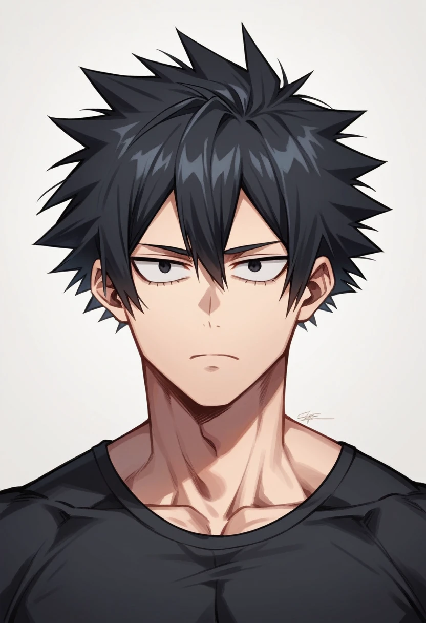 A highschool boy, handsome, perfect body, black hair, short hair, mullet, black eyes, expressionless, black shirt, anime, first-person view, My Hero Academia art style, masterpiece, anatomically correct, high details, highres, best quality, super detail, 1080P