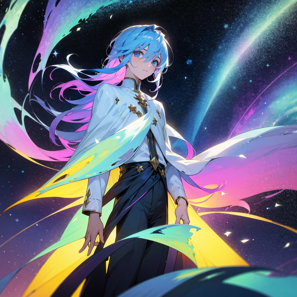 Boy with hair and eyes made of stars body made of stars, night auroras and comets with clothes made of snow in anime version.