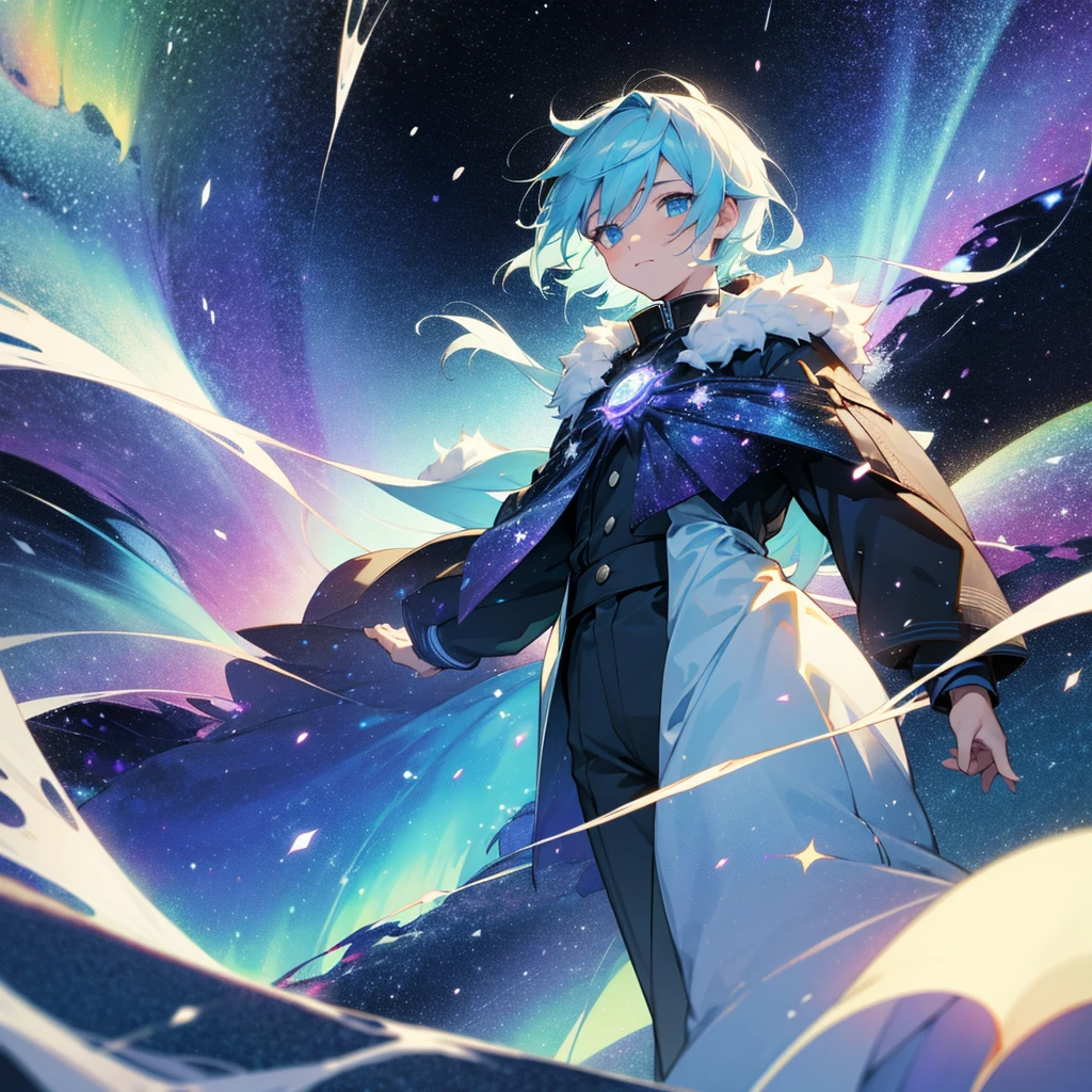 Boy with hair and eyes made of stars body made of stars, night auroras and comets with clothes made of snow in anime version.
