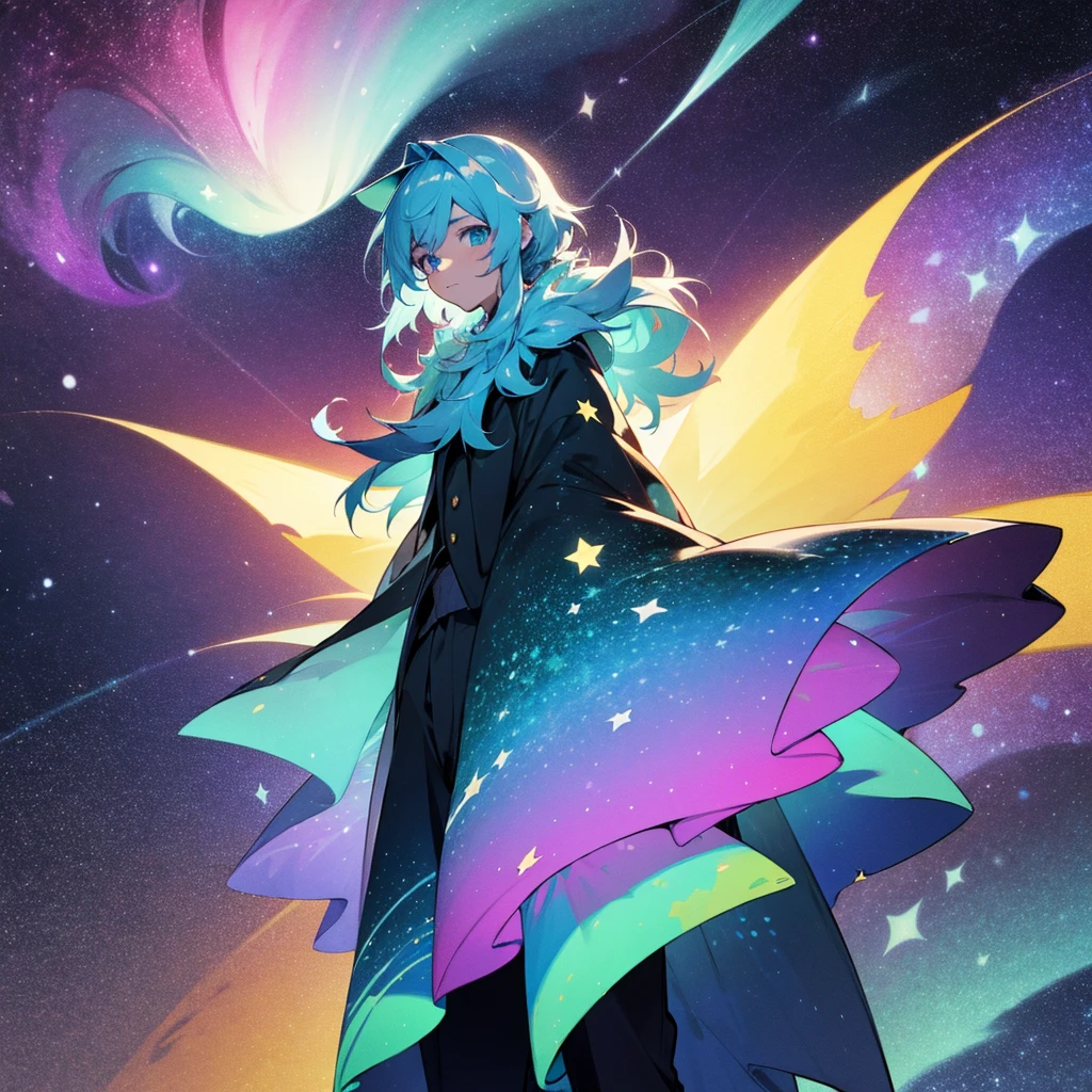 Boy with hair and eyes made of stars body made of stars, night auroras and comets with clothes made of snow in anime version.