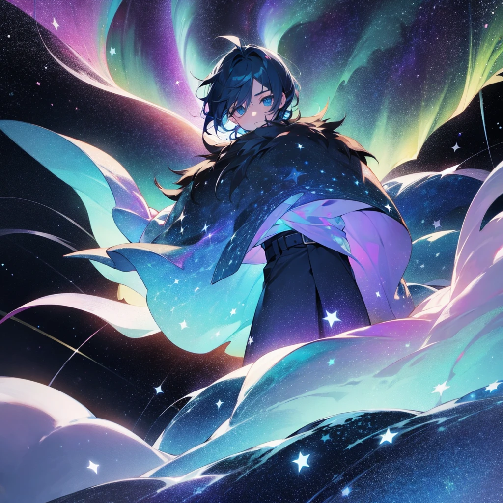 Boy with hair and eyes made of stars body made of stars, night auroras and comets with clothes made of snow in anime version.

