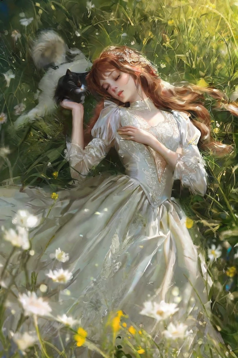 Girl lying in a field with a cat　最high quality, high quality, masterpiece, detailed, Realistic,
Break 1 Girl, alone, Sleeping with a cat, peaceful, Pale skin, Part your lips, detailed long hair, Embroidered Wedding Dress,  Perfect ???????, Perfect hands, Good move,
Green carpet,
Breaking Depth of Field, Bokeh, 