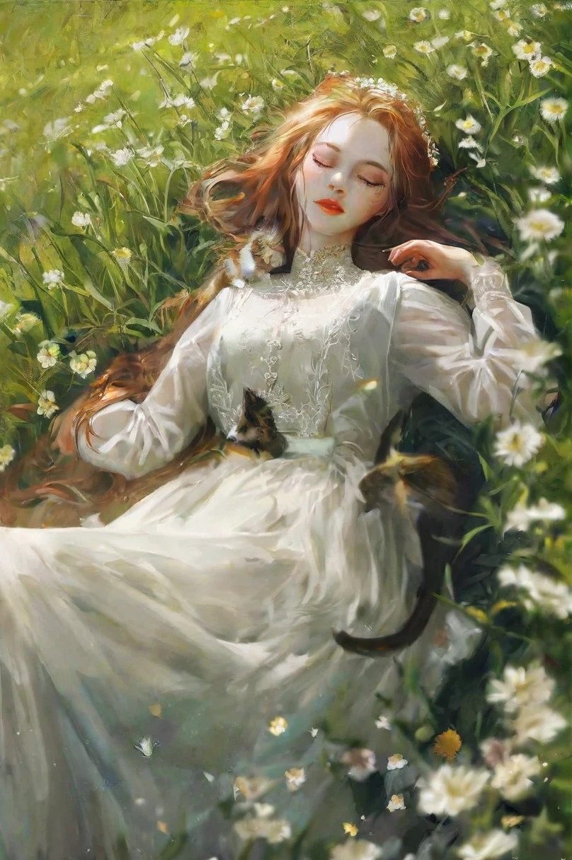 Girl lying in a field with a cat　最high quality, high quality, masterpiece, detailed, Realistic,
Break 1 Girl, alone, Sleeping with a cat, peaceful, Pale skin, Part your lips, detailed long hair, Embroidered Wedding Dress,  Perfect Anatomy, Perfect hands, Good move,
Green carpet,
Breaking Depth of Field, Bokeh, 