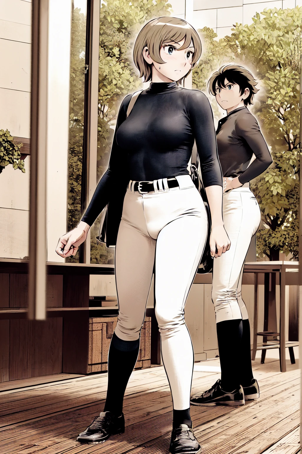 (野球uniform:1.2),
Blonde Hair, (short hair:1.2),Long sleeve, Black Shirt, turtleneck,White trousers、uniform、Black belt、((Illustration of people))、Big Boobs、
View Audience,, (Highest quality:1.3),One Girl, White pants、uniform、Outdoor、baseball ground、ground、soil、blue eyes、Tight black shirt、(masterpiece、Highest quality)、Highest quality, Ultra-high resolution, (((masterpiece))), alone, Sweat、Big eyes、Big Breasts、One Girl, Front view、Embarrassed face、Bronze colored hair、((short hair))、Stand up straight、Cowboy Shot