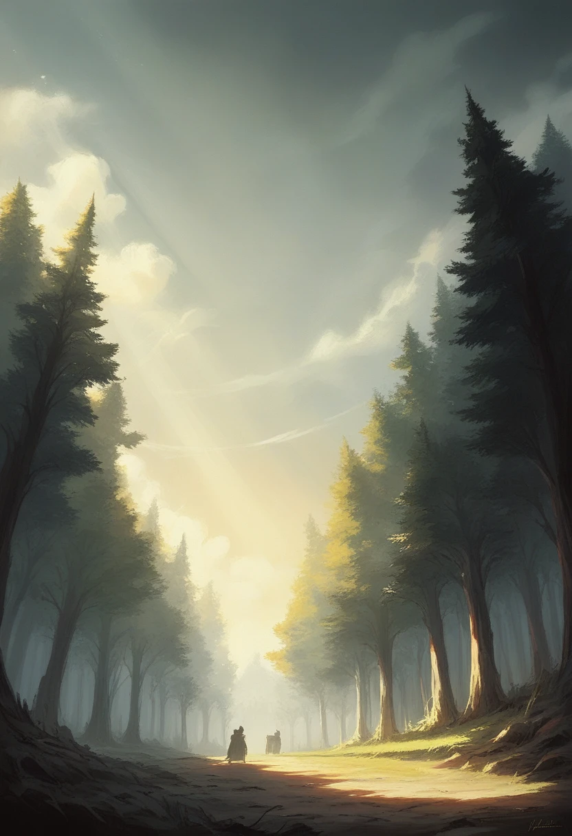 realistic dark oil painting of a medieval village at sunrise, Mossy, haze, Foggy, Shadow, hazeerious, Mythical, dark, Rays of light shine through the forest, Surroundings, Depth of written boundary, Volumetric lighting, Cinema Lighting, Sulky, heavy darkness, Black Sky, Low angle view, By Eyvind Earl