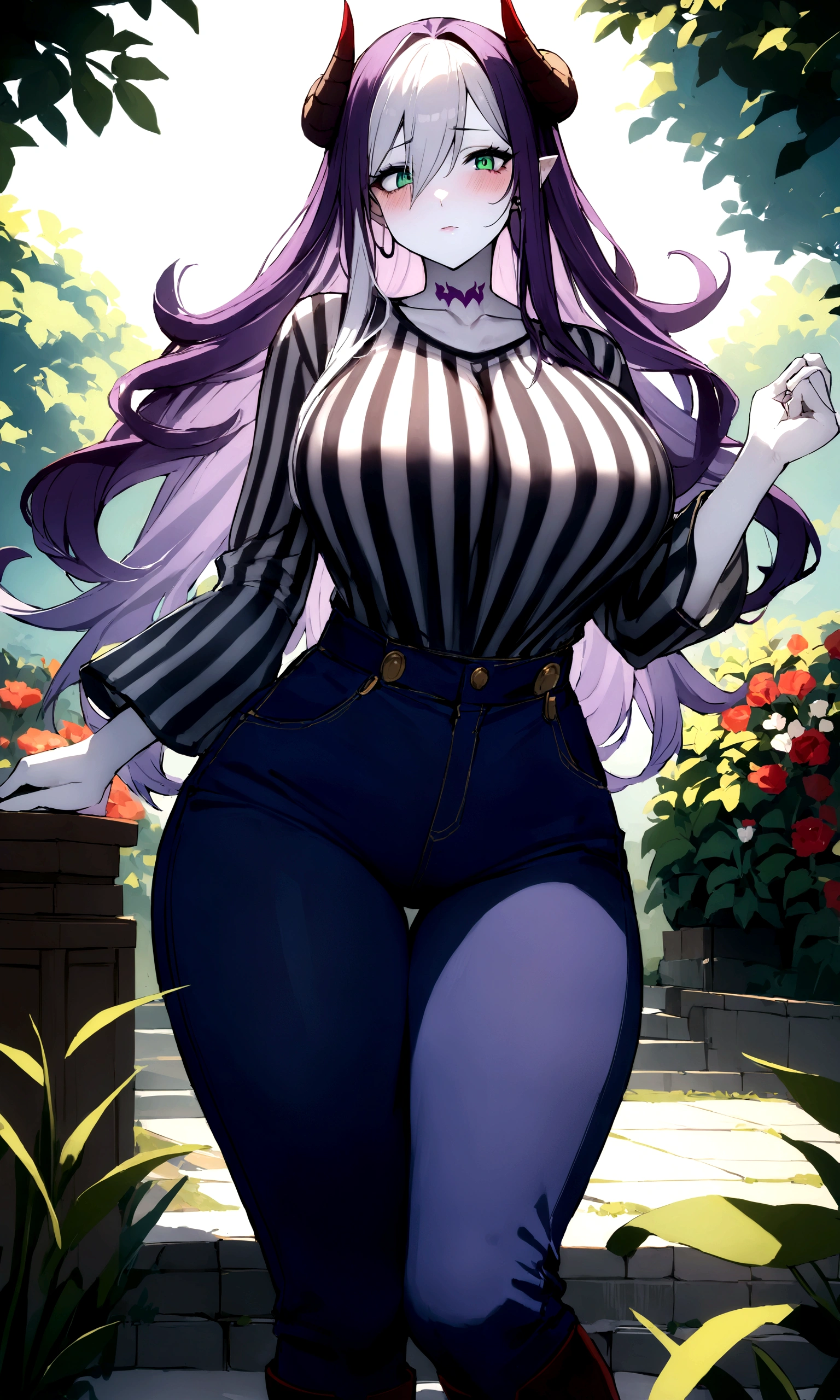 (8k resolution、masterpiece、Highest quality)、Expressive eyes、Perfect Face、One girl、Demon Woman、Mature Woman、Wide hips and fullness、Big thighs、Dark purple hair、White Hair、Multicolored Hair、Large Breasts、White skin、blue eyes、Green Eyes、Demon Horns、Neck Tattoo、Woman with messy long hair、Hair covering the left eye、whole body、solo、Overalls、Striped Shirt、boots、garden