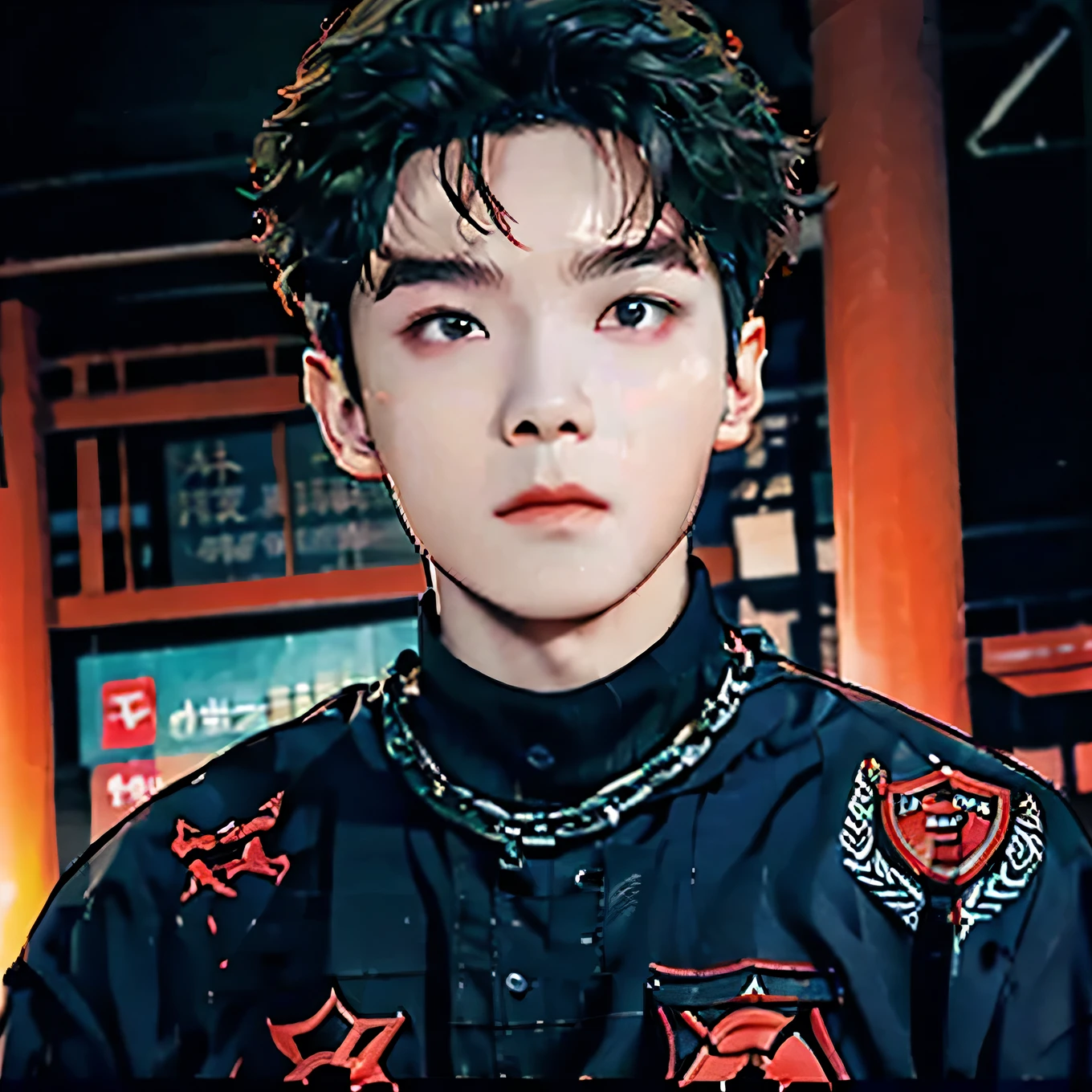 Close-up of a person with a chain around his neck, cai xukun, Jung Jaehyun, black haiRed yoongi, WAN cute Korean face, his eyes are Red and glowing, Kim Do-young, Hong Junheng, Kim Tae-jun, Xikui, his eyes glowing Red, ((Red)) Eye bags, Portrait of Blackpink member Jossi, Same hairstyle