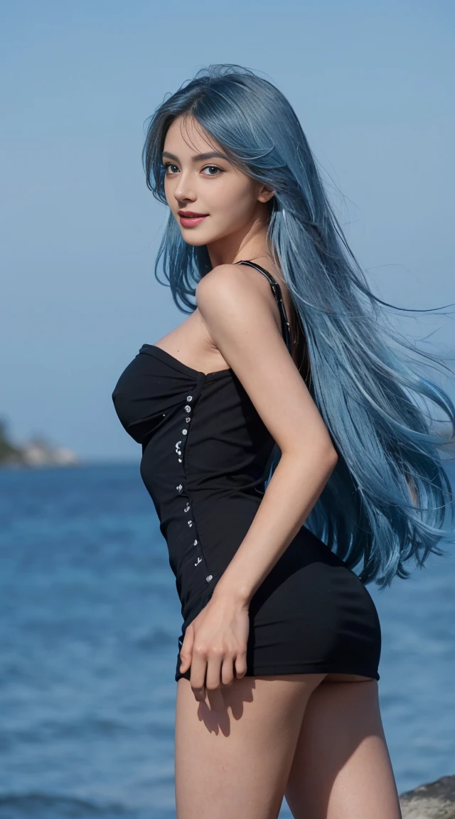 8K, Top Quality, Intricate Details, Ultra Detail, Ultra High Resolution, Masterpiece, random angle, Slender, Smile, (Makeup: 0.4), (Fluffy Blue Eyes: 1.21), blue Eyes, looking back, ((full body)), 1girl, solo, 1 girl, (( full body)), shot from behind, close up shot, standing , ((tall)), (((fit body))), (((foxy face))), sharp face, sharp eyes, (((sky blue hair, long hair, )) (detailed face), sharp face, small lips,
((black mini dress)), detailed face, detailed breast, , very large breast, detail ass, round ass , Beautiful girl with accentuated slender abs: 1.4, Six Pack Abs: 1.4, Bust Botox, Big, Perfect Body, detail leg, (( crescent moon)),