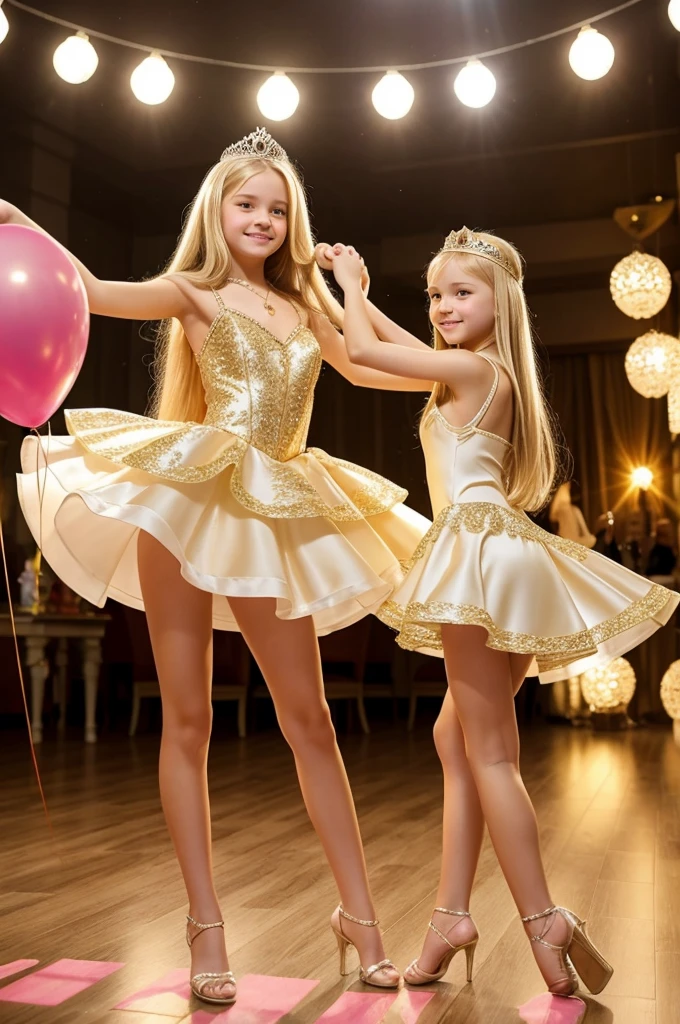 two beautiful  Russian girls long blonde hair, tiny short dress, dressing like a princess, nice legs, dancing in a birthday party