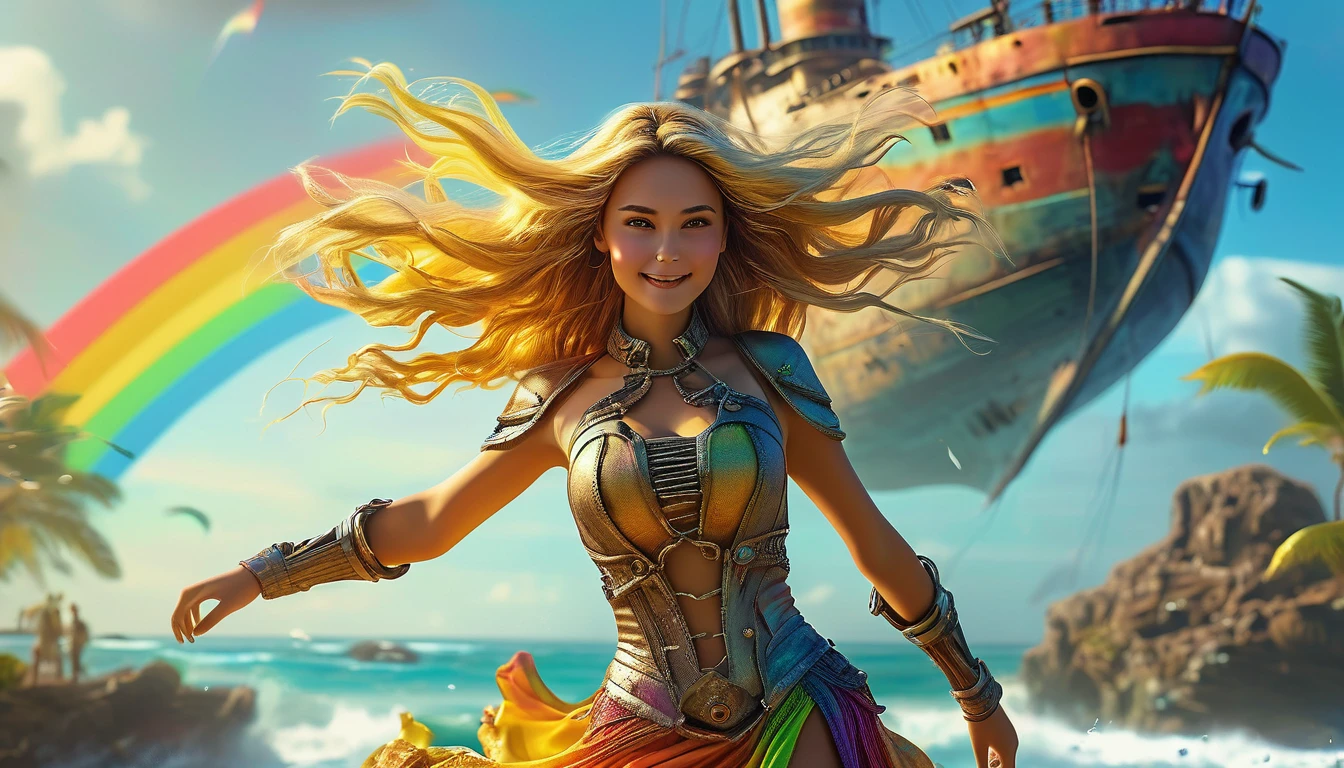 best quality HDR 4k, 8k, 1girl, (skindentation), (huge figure:1.2), (bright background:0.6), on  island; (create miniature people of cyborgs surrounding her); (casual yet stylish, elegant cloth, l dress with different rainbow colors:1.5 ), gorgeous, (long golden hair part of it flying in hair:1.5), cinematic lighting, wind, stormy, huge ship wreck with skeleton inside seen  (front light:1.5), surprised happy smiling, 