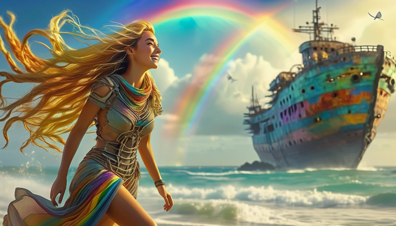 best quality HDR 4k, 8k, 1girl, (skindentation), (huge figure:1.2), (bright background:0.6), on island; (create miniature people of cyborgs surrounding her); (casual yet stylish, elegant cloth, l dress with different rainbow colors:1.5 ), gorgeous, (long golden hair part of it flying in hair:1.5), cinematic lighting, wind, stormy, huge ship wreck with skeleton inside seen (front light:1.5), surprised happy smiling,