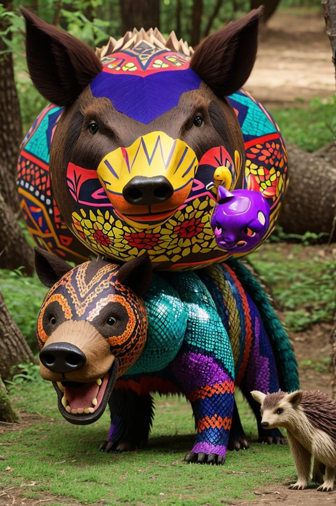 Create an alebrije using a wild boar, A bear, snake, and a hedgehog