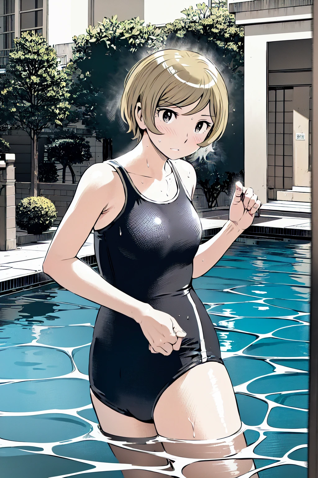 Blue school swimsuit、(masterpiece、Highest quality)、Highest quality, Ultra-high resolution, (((masterpiece))), alone, Sweat、Big eyes, Composition from the front、Shortcuts、Embarrassed face、Blonde、Cut your hair short、School swimming pool、short hair、Pussy Line、Browsing Caution、Butt