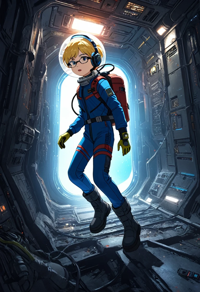 (spacesuit)), navy blue spacesuit, (dynamic pose:1.5), (best quality, masterpiece, absurdres, highres, ultra_detailed, dynamic angle:1.2), 1 girl with blonde hair, full body image of a young kid girl exploring a derelict spaceship, small stature, flat chest, floating in a derelict spaceship, exploring a derelict spaceship, outer space, levitating, cables, cramped corridor, damage, sci-fi console, glowing cybernetics, gloves, boots, backpack, air hose, pace helmet, face under glass, wearing glasses, ((headset with microphone)), derelict spaceship interior, hull breach, windows, in dynamic pose, walls covered with (glowing alien inscriptions:1.3), debris, dust, futuristic, sci-fi, (intricate details, hyperdetailed:1.15), (ultrahigh resolution textures), bokeh, floating, curious, nervous, scared, holding flashlights, kids, (volumetric, cinematic, dim red) lighting, volumetric lighting, zero gravity, depth of field, space, starfield