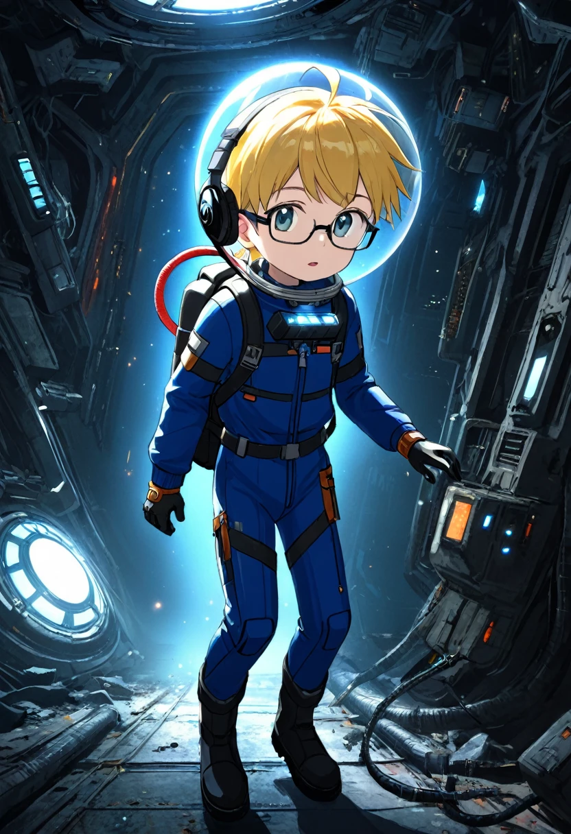 (spacesuit)), navy blue spacesuit, (dynamic pose:1.5), (best quality, masterpiece, absurdres, highres, ultra_detailed, dynamic angle:1.2), 1 girl with blonde hair, full body image of a young kid girl exploring a derelict spaceship, small stature, flat chest, floating in a derelict spaceship, exploring a derelict spaceship, outer space, levitating, cables, cramped corridor, damage, sci-fi console, glowing cybernetics, gloves, boots, backpack, air hose, pace helmet, face under glass, wearing glasses, ((headset with microphone)), derelict spaceship interior, hull breach, windows, in dynamic pose, walls covered with (glowing alien inscriptions:1.3), debris, dust, futuristic, sci-fi, (intricate details, hyperdetailed:1.15), (ultrahigh resolution textures), bokeh, floating, curious, nervous, scared, holding flashlights, kids, (volumetric, cinematic, dim red) lighting, volumetric lighting, zero gravity, depth of field, space, starfield