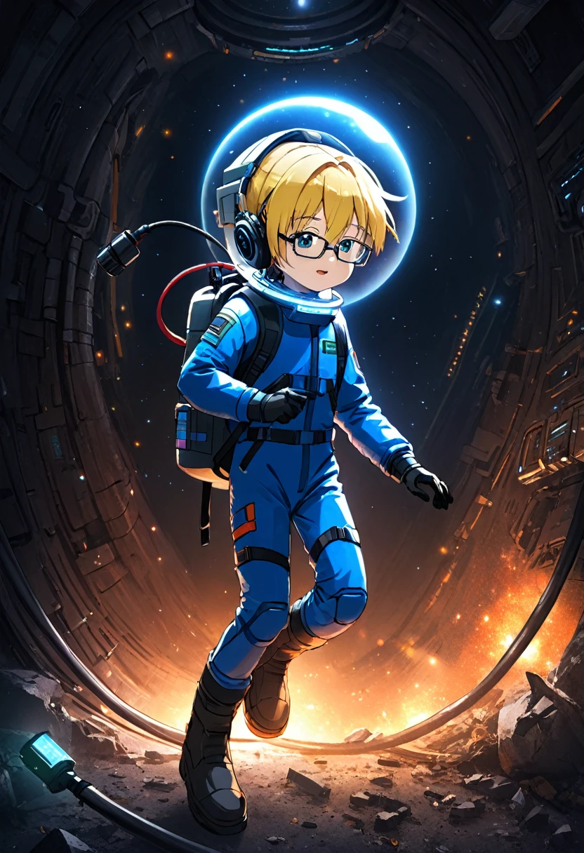 (spacesuit)), navy blue spacesuit, (dynamic pose:1.5), (best quality, masterpiece, absurdres, highres, ultra_detailed, dynamic angle:1.2), 1 girl with blonde hair, full body image of a young ??? girl exploring a derelict spaceship, small stature, flat chest, floating in a derelict spaceship, exploring a derelict spaceship, outer space, levitating, cables, cramped corridor, damage, sci-fi console, glowing cybernetics, gloves, boots, backpack, air hose, pace helmet, face under glass, wearing glasses, ((headset with microphone)), derelict spaceship interior, hull breach, windows, in dynamic pose, walls covered with (glowing alien inscriptions:1.3), debris, dust, futuristic, sci-fi, (intricate details, hyperdetailed:1.15), (ultrahigh resolution textures), bokeh, floating, curious, nervous, scared, holding flashlights, kids, (volumetric, cinematic, dim red) lighting, volumetric lighting, zero gravity, depth of field, space, starfield