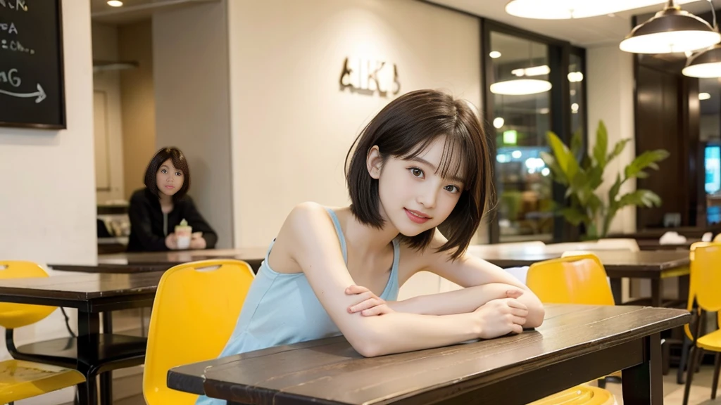 2girl, smile,(bobcut:1.2),bangs,beautiful girl,,(loli:1.2),(s brests:1.2),(skinny:1.2),highschool student,akb48,nogizaka46, (masutepiece, Best Quality:1.2), 8K, Pretty Face, Urban Cafe、cafes、Sitting in a chair,Cake and coffee on the table、Fringe hair, hime haircut, Brown hair,