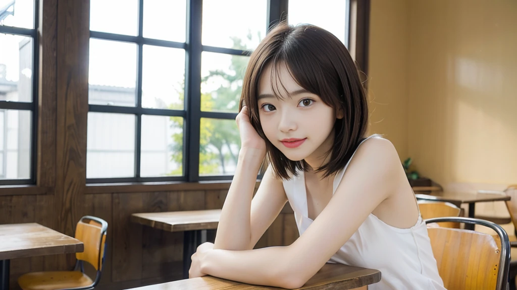 (8K, RAW photo, highest quality, masterpiece:1.3), (realistic, photo-realistic:1.4), (Highly detailed 8K wallpaper), sharp focus, Depth of written boundary,
japanese idol,very cute,(baby face), (meid costume :1.3),(bob cut : 1.3), Look at us and smile, Upper body, highly detailed face and eyes,((shiny skin:1.2)), cinematic lighting, soft light, blur background, Cafe with a retro atmosphere)