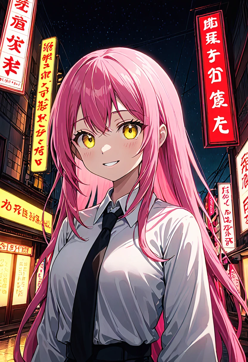 One girl, Long pink hair, Red Corner, White collared shirt, Black tie, A light smile, Yellow Eyes, Keratinous_force,, building,shop,Town Street, Dark Sky, scenery,Neon Signs,City of night, Japanese lyrics,, , Absurd, Fine grain, Very detailed, Volumetric lighting, Realistic, Realistic lighting, 8K, Cinema Lighting, Depth of written boundary, perfection, Super detailedな, photoRealistic, ultra Realistic, Realistic light, hard lighting, Intricate details, stop-motion, Tone Mapping, Sharp focus, Super detailed