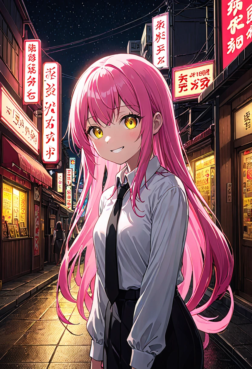 One girl, Long pink hair, Red Corner, White collared shirt, Black tie, A light smile, Yellow Eyes, Keratinous_force,, building,shop,Town Street, Dark Sky, scenery,Neon Signs,City of night, Japanese lyrics,, , Absurd, Fine grain, Very detailed, Volumetric lighting, Realistic, Realistic lighting, 8K, Cinema Lighting, Depth of written boundary, perfection, Super detailedな, photoRealistic, ultra Realistic, Realistic light, hard lighting, Intricate details, stop-motion, Tone Mapping, Sharp focus, Super detailed