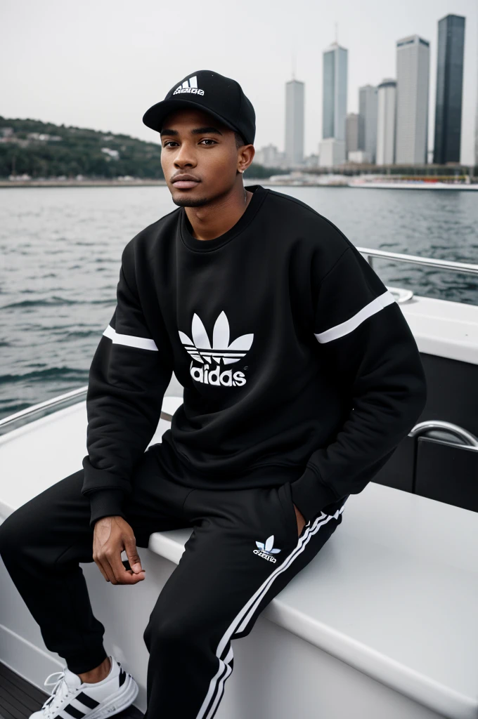 A man wearing pans sweatshirt and black and white Adidas cap posing on a boat