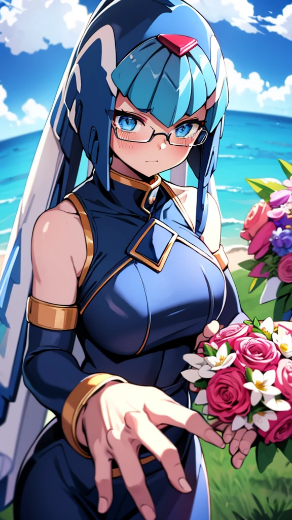 Leviathan_Megamanz, 1 Girl, looking at viewer, blue hair, Blue eyes,Clouds background , Blushed ,  , Wedding ring, Glasses, chibi , cool glasses, crying, funeral clothes , Black Dress, Left Hand on face crying , Right Hand holding Bouquet of flowers 