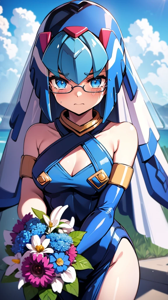 Leviathan_Megamanz, 1 Girl, looking at viewer, blue hair, Blue eyes,Clouds background , Blushed , , Wedding ring, Glasses, chibi , cool glasses, crying, funeral clothes , Black Dress, Left Hand on face crying , Right Hand holding Bouquet of flowers